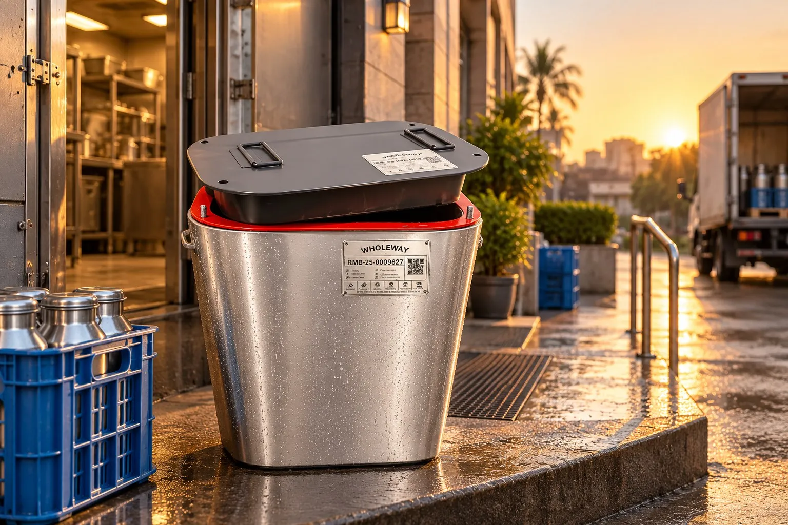 A Wholeway RTCOM smart milk barrel being delivered at dawn