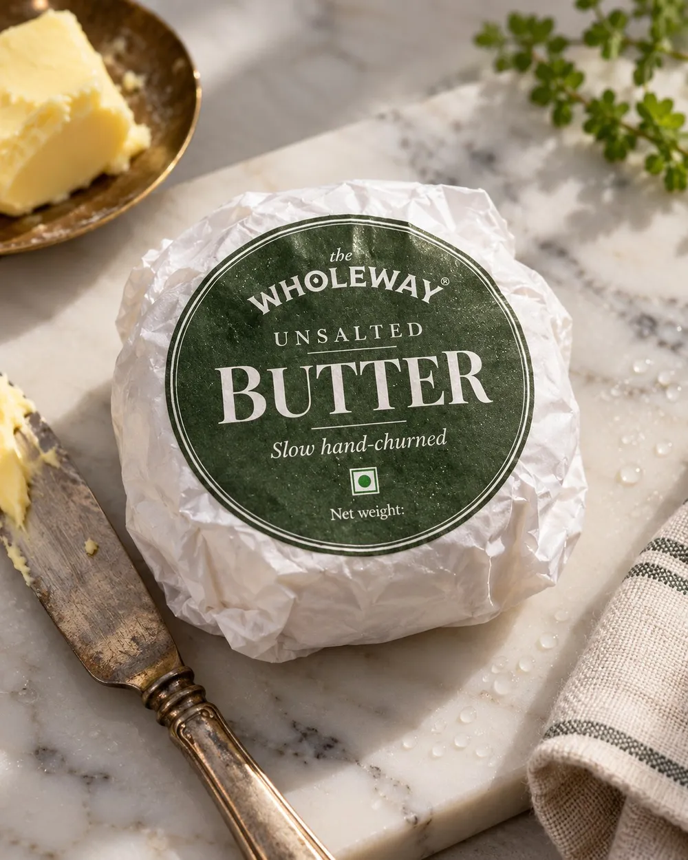 Wholeway Unsalted Butter, green label, on marble