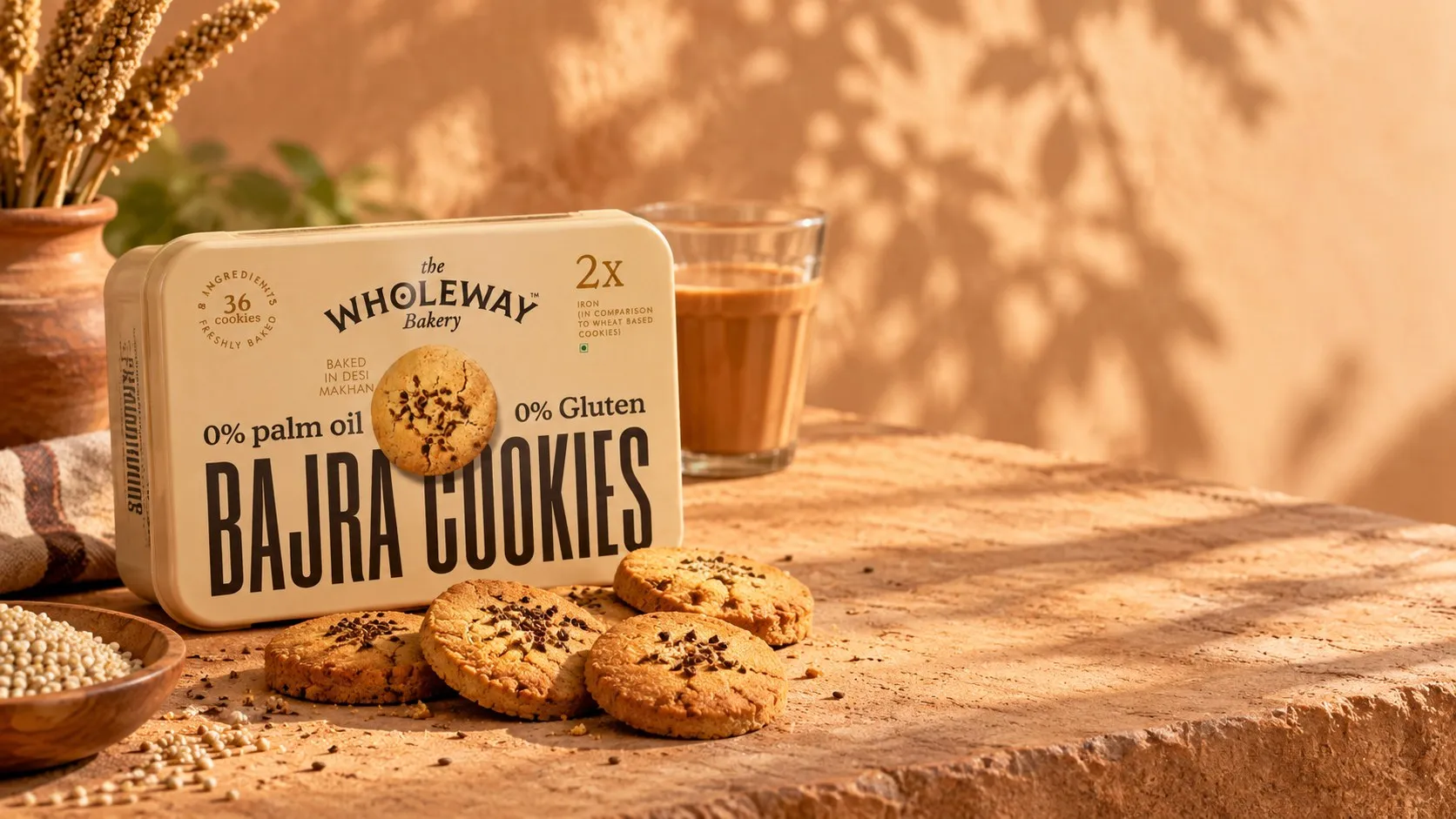Wholeway Bajra Cookies box with small cookies and cutting chai on a sandstone table