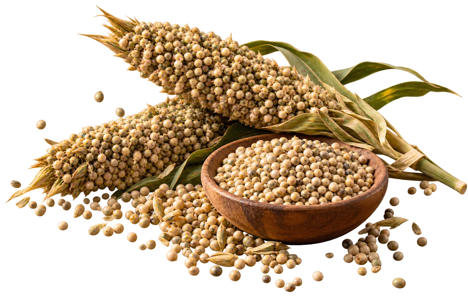 Pearl millet spikes beside a wooden bowl of bajra grains