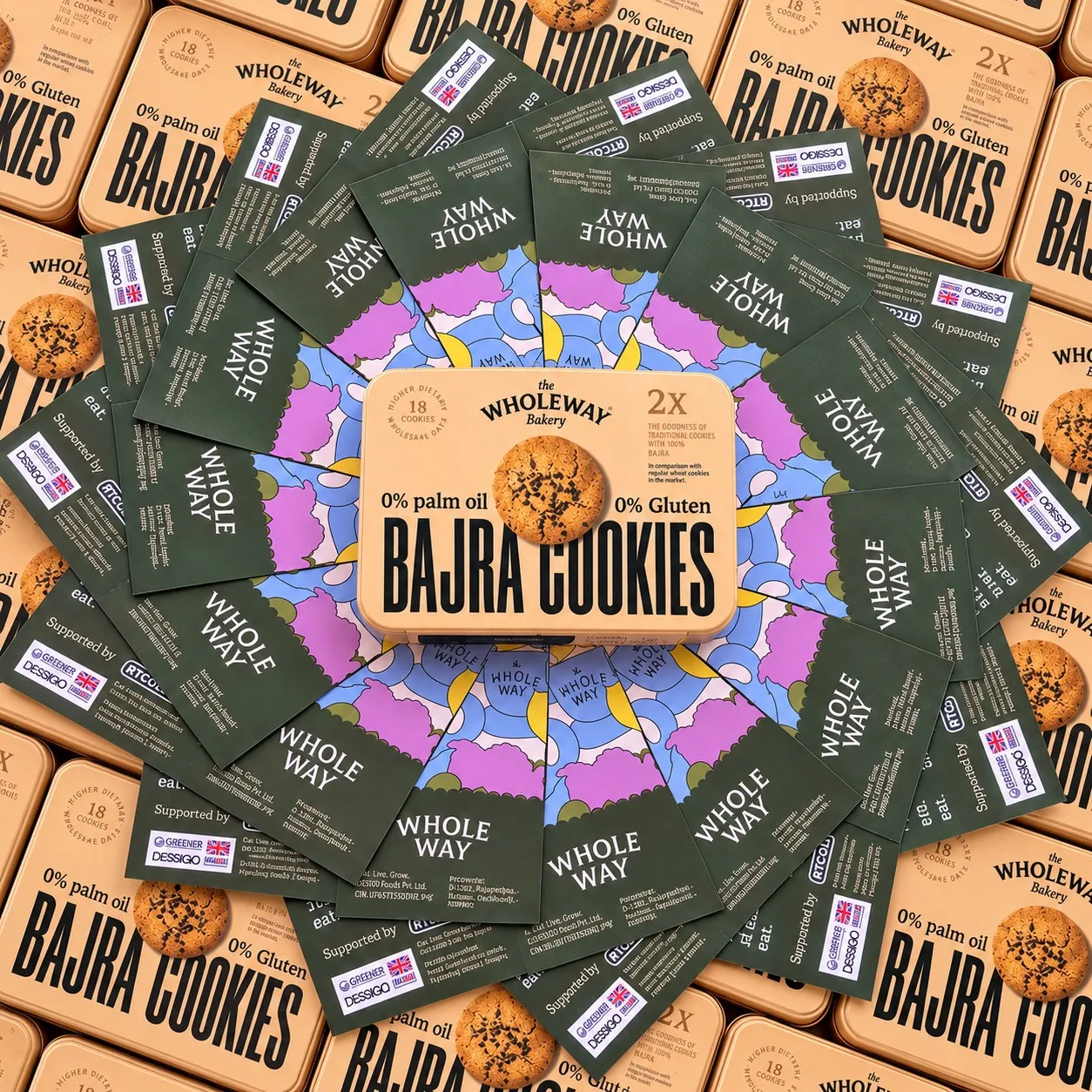 Wholeway Bajra Cookies box surrounded by a ring of Wholeway pamphlets