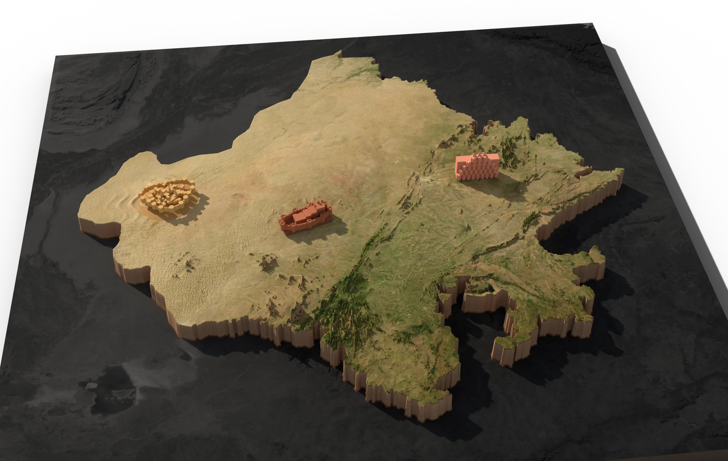 3D relief map of Rajasthan with Jaisalmer Fort, Mehrangarh Fort and Hawa Mahal